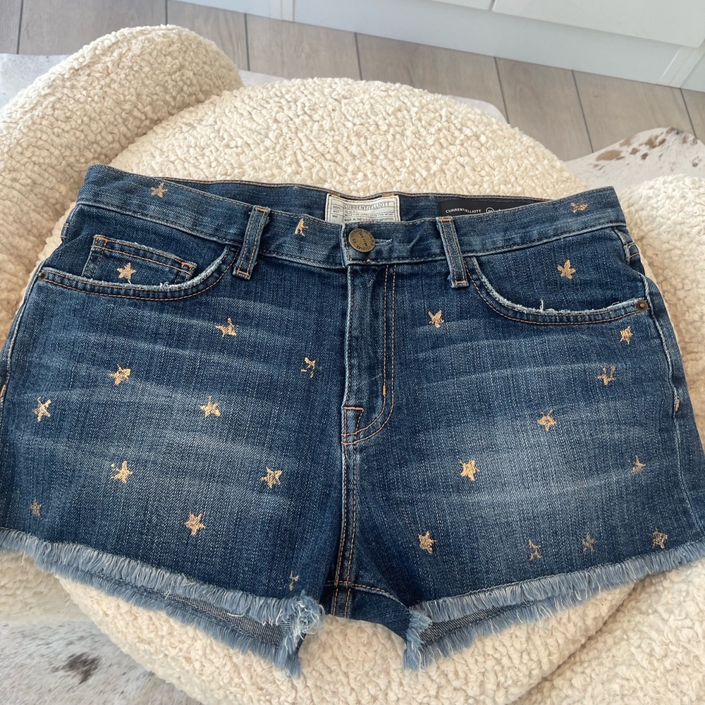 Current/Elliott Blue Jean Shorts with Gold Star Embroidery